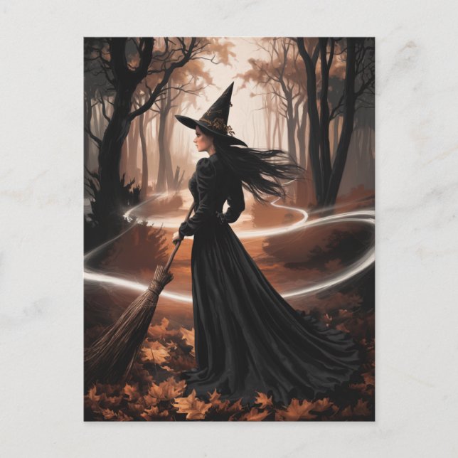 Postal Bruja moderna de Halloween en el bosque (Anverso)
