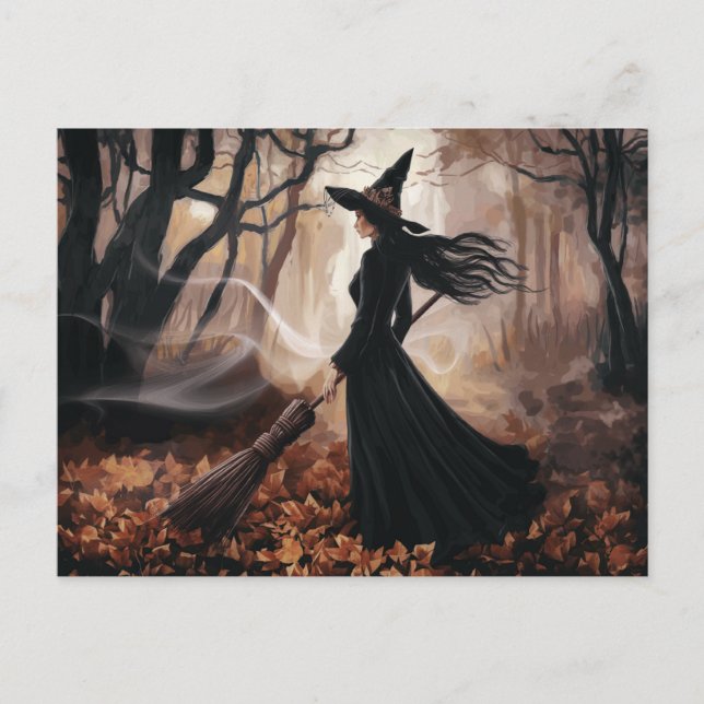 Postal Bruja moderna de Halloween en el bosque (Anverso)
