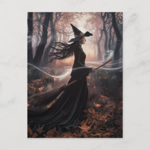 Postal Bruja moderna de Halloween en el bosque
