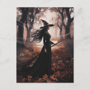 Postal Bruja moderna de Halloween en el bosque