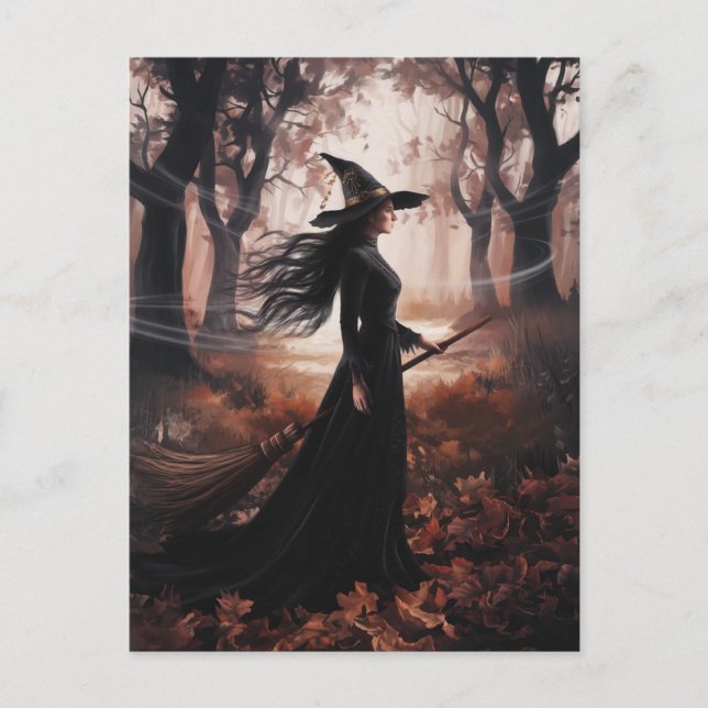 Postal Bruja moderna de Halloween en el bosque (Anverso)
