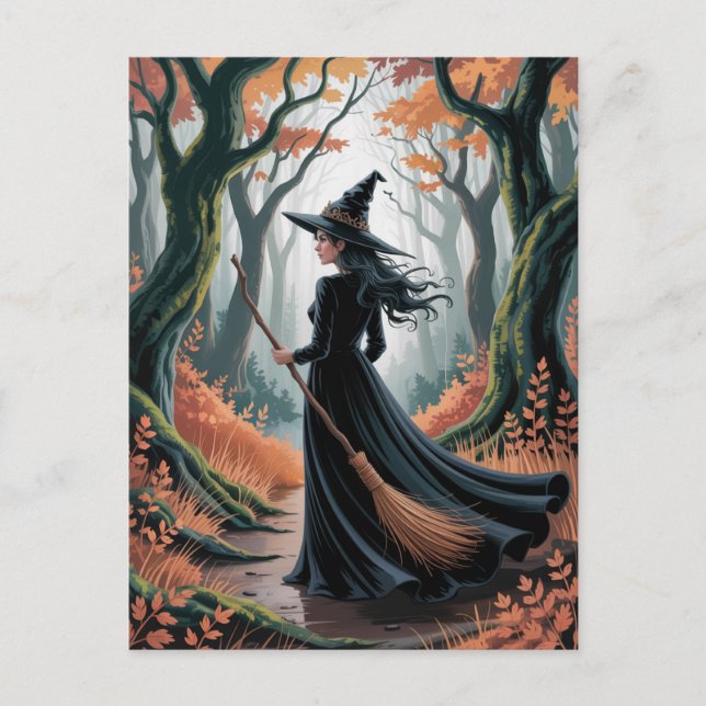 Postal Bruja moderna de Halloween en el bosque (Anverso)
