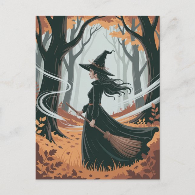 Postal Bruja moderna de Halloween en el bosque (Anverso)