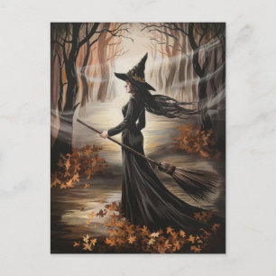 Postal Bruja moderna de Halloween en el bosque