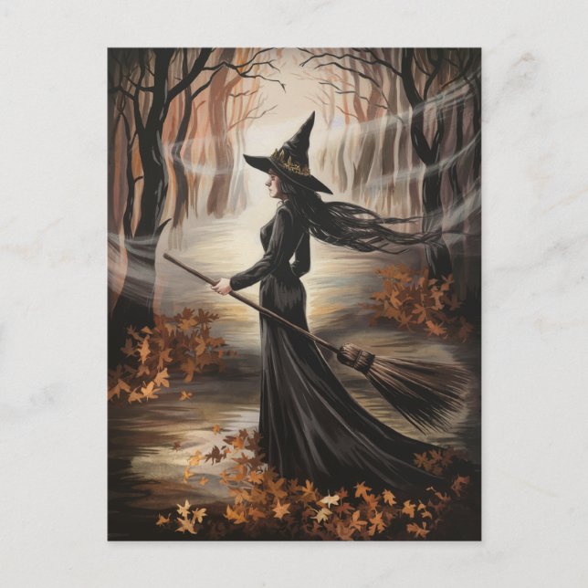 Postal Bruja moderna de Halloween en el bosque (Anverso)