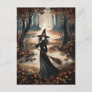 Postal Bruja moderna de Halloween en el bosque          
