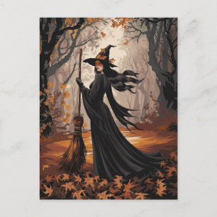 Postal Bruja moderna de Halloween en el bosque           