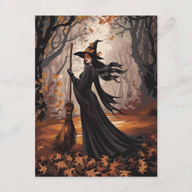Postal Bruja moderna de Halloween en el bosque            (Anverso)