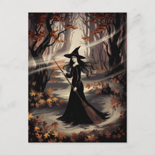 Postal Bruja moderna de Halloween trendy en el bosque