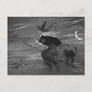 Postal Bruja monocroma Escoba Gato negro
