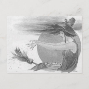 Postal Bruja Monocroma Escoba Mágica Hechizo de Luna Llen