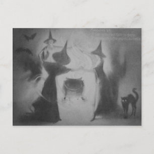 Postal Bruja Monocroma Murciélago Noche Caldero Gato Negr
