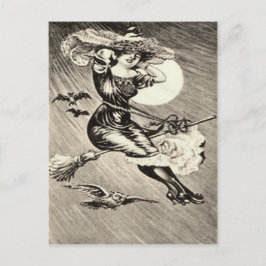 Postal Bruja monocroma volando escoba búho murciélago lun