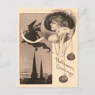 Postal Bruja Mujer Luna Creciente Jack O' Lantern