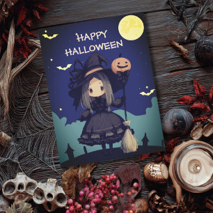 Postal Bruja Niña Monada su Escoba y Calabaza Halloween I