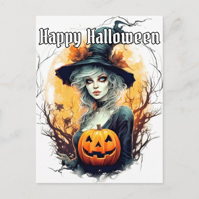 Postal Bruja otoñal | Feliz Halloween (Anverso)