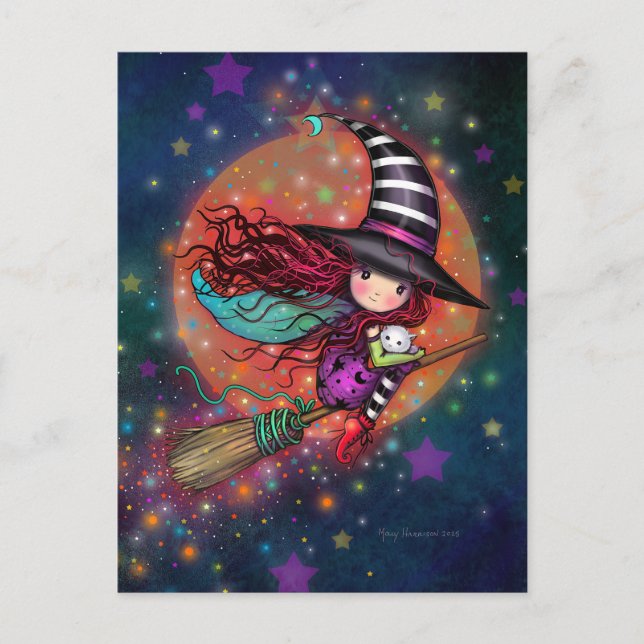 Postal Bruja Pequeña en Escoba con su Gato (Anverso)