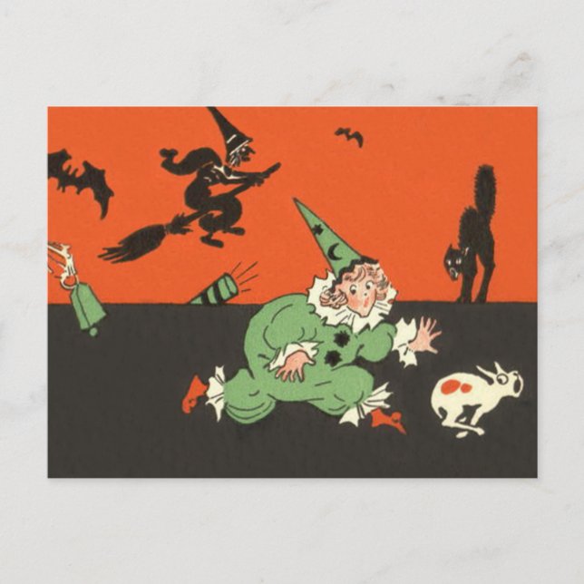 Postal Bruja Perro Payaso Murciélago Gato Negro Esqueleto (Anverso)
