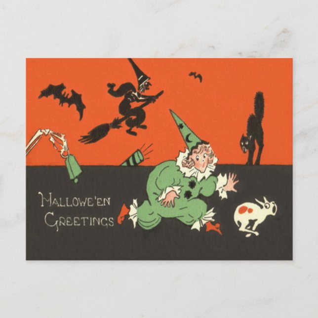 Postal Bruja Perro Payaso Murciélago Gato Negro Esqueleto (Anverso)