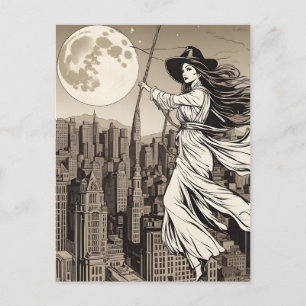 Postal Bruja sobre la ciudad en luna llena, Halloween