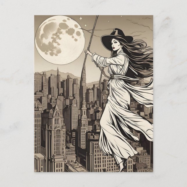 Postal Bruja sobre la ciudad en luna llena, Halloween (Anverso)