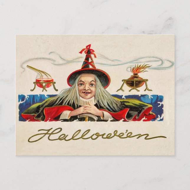 Postal Bruja sonriente de Halloween, festividad añeja (Anverso)