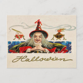 Postal bruja sonriente de Halloween, vacaciones vintage