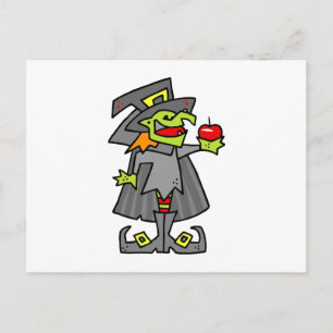 Postal Bruja sosteniendo manzana roja