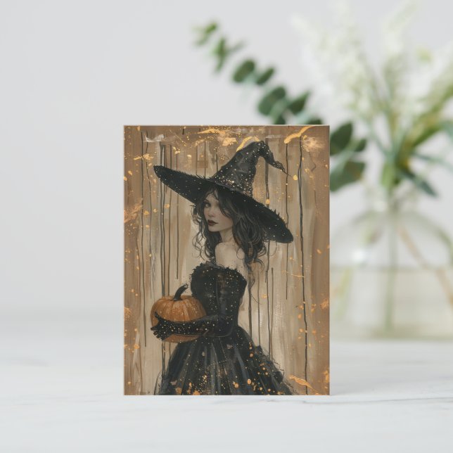 Postal Bruja sosteniendo una calabaza (Anverso de pie)