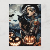 Bruja tatuada con gato negro y luna llena