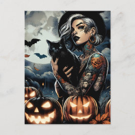 Postal Bruja tatuada con gato negro y luna llena