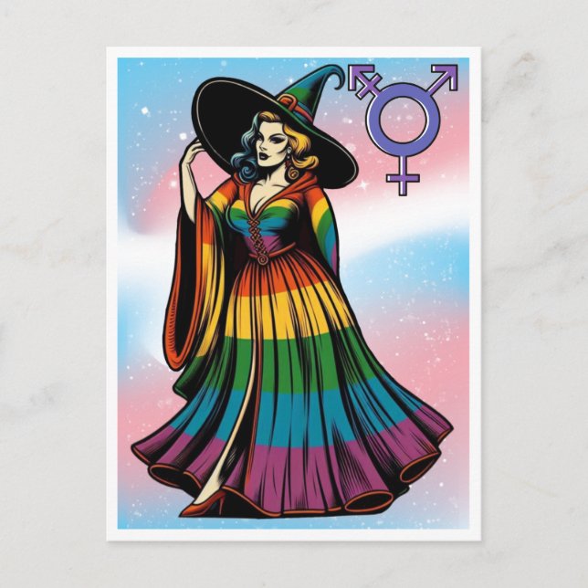 Postal Bruja Transgénero En Ropa De Bandera Arcoiris (Anverso)