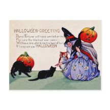 Bruja vieja con calabazas y gatos negros, vintage