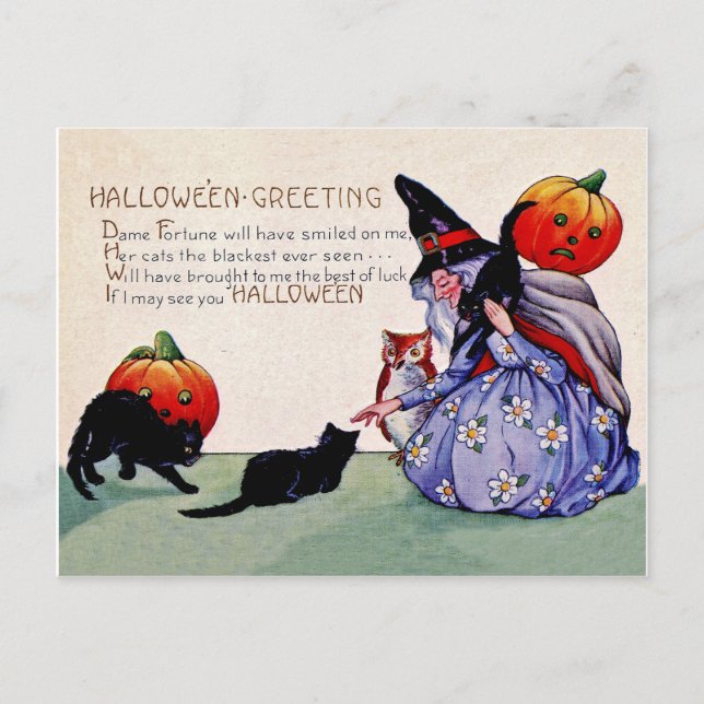 Postal Bruja vieja con calabazas y gatos negros, vintage (Anverso)