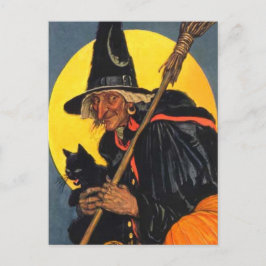 Postal Bruja vintage con gato negro