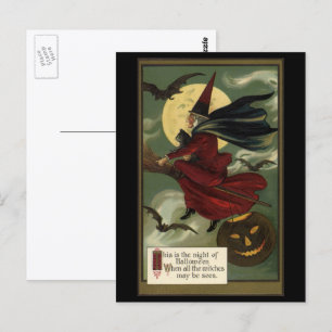 Postal Bruja Vintage de Halloween montando escoba con gat
