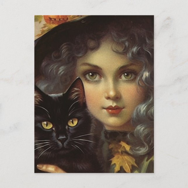 Postal Bruja vintage y gato negro (Anverso)