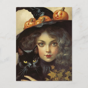 Postal Bruja vintage y gato negro Jack O Lantern