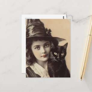 Postal Bruja Vintage y Su Gato Negro