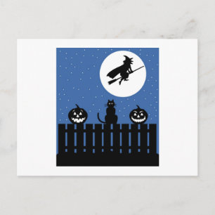 Postal Bruja voladora, calabazas, gato contemporáneo