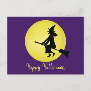 Postal Bruja voladora en la carta de la luna
