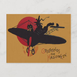 Postal Bruja Voladora Gato Negro Avión Luna Llena