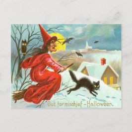 Postal Bruja Voladora Gato Negro Búho Murciélago Nieve