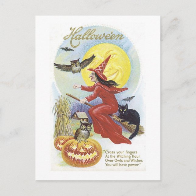 Postal Bruja voladora, murciélagos, gato, luna de búho (Anverso)