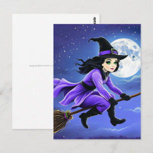 Postal Bruja volando en una escoba - Wicca Halloween 1