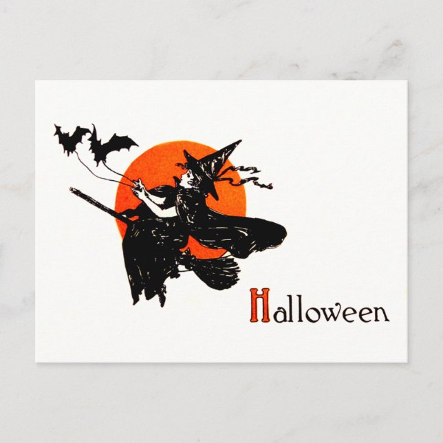 Postal Bruja Volando Escoba Luna Llena Murciélago (Anverso)