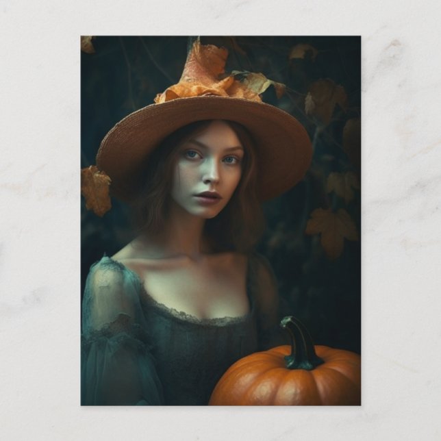 Postal Bruja y calabaza otoñales (Anverso)
