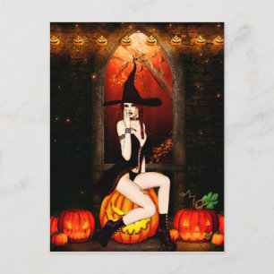 Postal Bruja y calabazas de Halloween