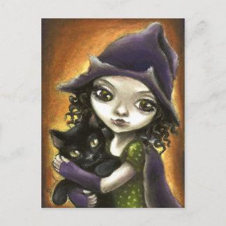 Postal Bruja y gatito negro