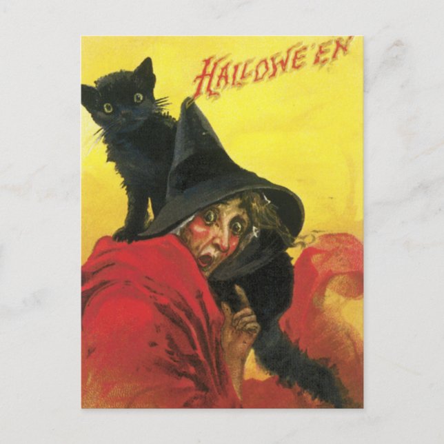 Postal Bruja y gato de Halloween vintage (Anverso)